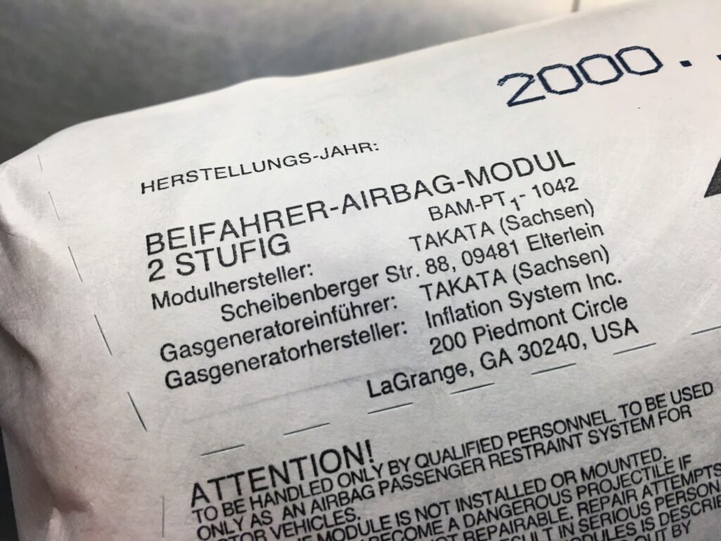A Takata airbag that was removed from a 2001 BMW vehicle under factory recall program is shown in Alexandria Virginia
